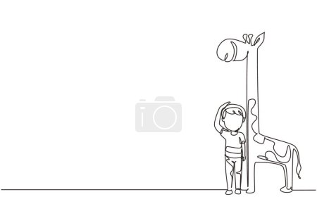 Illustration for Single continuous line drawing little boy measuring his height with giraffe height chart on wall. Kid measures growth. Child measuring height. Dynamic one line draw graphic design vector illustration - Royalty Free Image