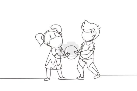 Illustration for Continuous one line drawing Kids girl and boy brother  sister fighting over a ball. Conflict between children. Kids sibling fighting in playroom because of toy. Single line draw design vector graphic - Royalty Free Image