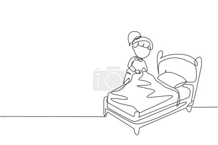 Continuous one line drawing cute girl making the bed. Kids doing housework chores at home concept. Kids routine after waking up to tidy up the bed. Single line draw design vector graphic illustration