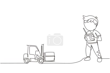 Illustration for Single one line drawing boy playing with remote-controlled forklift truck toy. Kids playing with electronic toy forklift truck with remote control in hands. Continuous line design vector illustration - Royalty Free Image