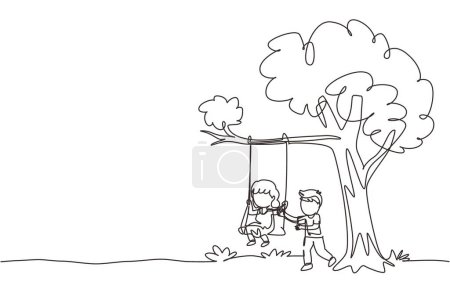 Illustration for Continuous one line drawing happy boys and girls playing on tree swing. Cheerful kids on swinging under a tree. Cute children playing in playground. Single line draw design vector graphic illustration - Royalty Free Image