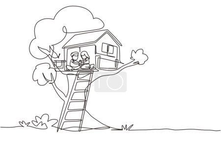 Single continuous line drawing child on tree house, little boy and girl playing on children playground, treehouse with wooden ladder, place for kids games on summer. One line graphic design vector
