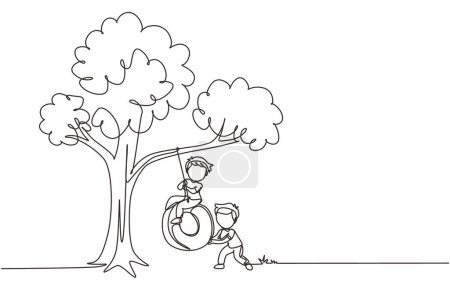 Illustration for Single continuous line drawing happy two boys playing tire swing under tree. Cute kids swinging on tire hanging from tree. Children playing in garden. One line draw graphic design vector illustration - Royalty Free Image