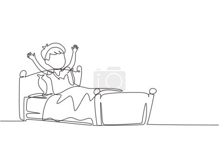 Illustration for Single one line drawing little boy wake up and still yawning, still lying in bed under blanket. Sleepy child on bed in late weekend morning. Continuous line draw design graphic vector illustration - Royalty Free Image