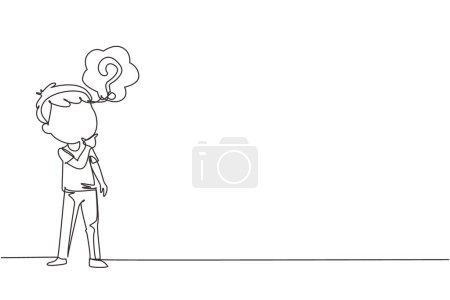 Illustration for Continuous one line drawing cute boy thinking. Kids think creative idea. Bubble with question mark sign. Concept of learning and growing children. Single line draw design vector graphic illustration - Royalty Free Image