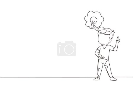 Illustration for Single one line drawing little boy thinking. Kids think creative idea. Bubble with light bulbs sign. Concept of learning and growing children. Continuous line draw design graphic vector illustration - Royalty Free Image