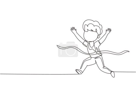 Illustration for Single continuous line drawing cute boy run in race and win first place. Little kid running to finish line first, children physical activity concept. One line draw graphic design vector illustration - Royalty Free Image