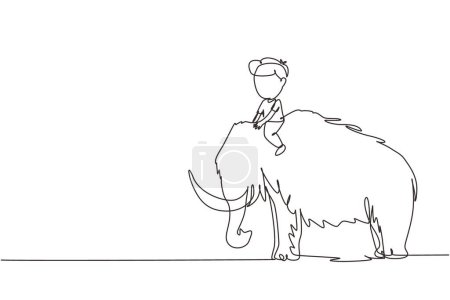 Ilustración de Una línea continua dibujando al pequeño hombre de las cavernas montando un mamut lanudo. Un niño sentado en la parte de atrás de un mamut. Niños en edad de piedra. Vida humana antigua. Ilustración gráfica vectorial de diseño de línea única - Imagen libre de derechos