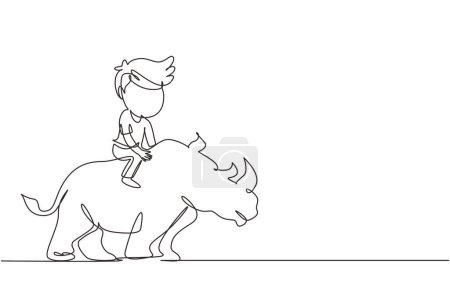 Téléchargez les illustrations : Une seule ligne dessin heureux garçon équitation rhinocéros. Enfant assis sur le dos rhinocéros dans le zoo. Les enfants apprennent à monter des rhinocéros. Illustration vectorielle graphique de dessin en ligne continue moderne - en licence libre de droit