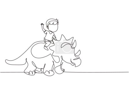 Ilustración de Una sola línea dibujando al pequeño hombre de las cavernas montando triceratops. Un niño sentado en la espalda de un dinosaurio. Niños en edad de piedra. Vida humana antigua. Dibujo de línea continua diseño gráfico vector ilustración - Imagen libre de derechos