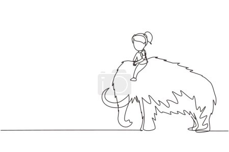 Illustration for Single continuous line drawing little girl caveman riding woolly mammoth. Young kid sitting on back of mammoth. Stone age children. Ancient human life. One line draw graphic design vector illustration - Royalty Free Image