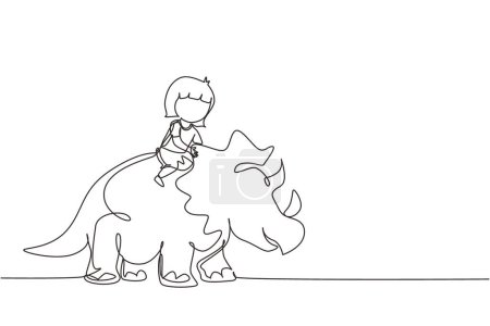Ilustración de Continuo dibujo de una línea niña cavernícola montar triceratops. Un niño sentado en la espalda de un dinosaurio. Niños en edad de piedra. Vida humana antigua. Ilustración gráfica vectorial de diseño de línea única - Imagen libre de derechos