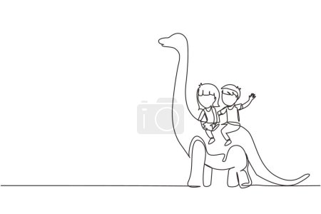 Ilustración de Una sola línea continua dibujar niño y niña cavernícola montar brontosaurus juntos. Niños sentados en la parte trasera del dinosaurio. Concepto de vida humana antigua. Una línea dibujar ilustración vectorial diseño gráfico - Imagen libre de derechos