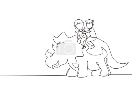 Illustration for Single continuous line drawing little boy and girl caveman riding triceratops together. Kids sitting on back of dinosaur. Stone age children. Ancient human life. One line draw graphic design vector - Royalty Free Image
