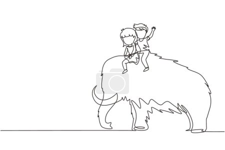 Ilustración de Continuo dibujo de una línea niño y niña cavernícola montando mamut lanudo juntos. Niños sentados en la parte de atrás del mamut. Niños en edad de piedra. Vida humana antigua. Dibujo de línea única diseño vector gráfico - Imagen libre de derechos