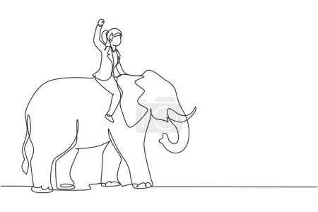 Téléchargez les illustrations : Continu une ligne dessin femme d'affaires équitation éléphant symbole de succès. Concept de métaphore d'entreprise, en regardant l'objectif, la réalisation, le leadership. Illustration graphique vectorielle de dessin à une ligne - en licence libre de droit