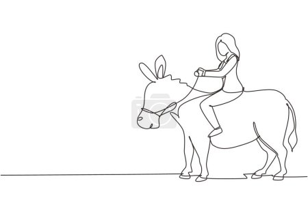 Ständig eine Linie ziehen Geschäftsfrau reitet Esel. Geschäftsfrau reitet auf Esel. Eselfahren. Zielerreichungskonzept. Konkurrenz aus der Wirtschaft. Einzeiliger Design-Vektor grafische Illustration