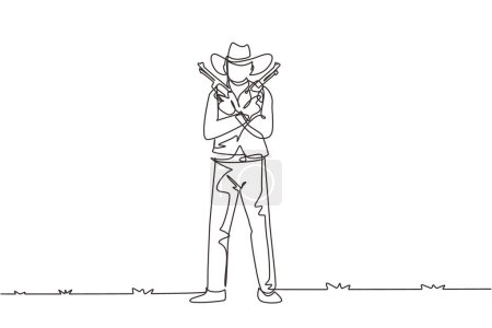 Illustration for Single one line drawing wild west gunslinger holding two guns. American cowboys holding his two weapons above his chest. Weapons for self-defense. Modern continuous line draw design graphic vector - Royalty Free Image