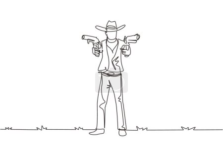 Una línea continua dibujando pistolero salvaje del oeste sosteniendo dos armas. Vaqueros americanos apuntando dos pistolas en el desierto. Armas para defensa propia. Ilustración gráfica vectorial de diseño de línea única