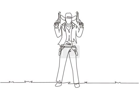 Illustration for Single continuous line drawing American cowboys holding and raised his two guns up. Old wild west gunslinger holding two guns. Weapons for self-defense. Dynamic one line draw graphic design vector - Royalty Free Image