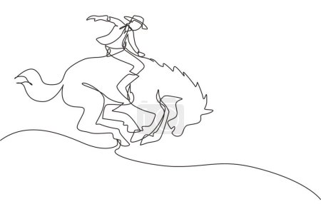 Illustration for Single one line drawing cowboy taming wild horse at rodeo. cowboy on wild horse mustang. Rodeo cowboy riding wild horse on wooden sign. Modern continuous line draw design graphic vector illustration - Royalty Free Image