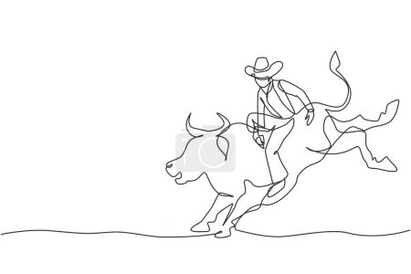 Ilustración de Dibujo continuo de una línea vaquero montando toro salvaje para emocionante espectáculo de rodeo. fuerte y valiente vaquero en sombrero unirse a la competencia de rodeo montar toro salvaje. Diseño de línea única ilustración gráfica vectorial - Imagen libre de derechos