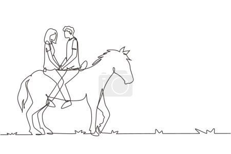 Illustration for Continuous one line drawing couple riding horses face to face at sunset. Happy man making proposal marriage to woman. Engagement and love relation. Single line draw design vector graphic illustration - Royalty Free Image