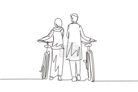 Ilustración de Una sola línea continua dibujo vista trasera pareja árabe hombre y mujer caminando junto con la bicicleta. Muchacho y chica enamorados. Feliz pareja romántica casada. Dinámica de una línea dibujar vector de diseño gráfico - Imagen libre de derechos