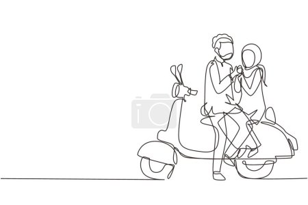 Illustration for Continuous one line drawing Arabian riders couple trip travel relax. Romantic honeymoon moments sitting and talking on motorcycle. Man with woman riding scooter. Single line draw design vector graphic - Royalty Free Image