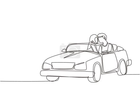 Ilustración de Continuo dibujo de una línea romántica pareja árabe a caballo coche va en viaje por carretera. Alegre hombre y mujer conduciendo en coche cabriolet. Un par de vacaciones de verano. Dibujo de línea única diseño vector gráfico - Imagen libre de derechos