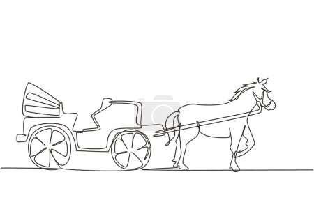 Single one line drawing vintage transportation, horse pulling carriage. Old carriage with a horse, a horse pulls a carriage behind him. Modern continuous line draw design graphic vector illustration
