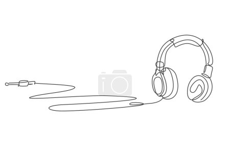 Illustration for Single one line drawing woman listening to music. Headphones musical sound wave. Music gadget and note. Audio headphone outline sketch. Vector concept of musical symbol. Continuous line draw design - Royalty Free Image