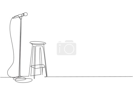 Illustration for Single continuous line drawing microphone and stool on stand up comedy stage. Equipment at night club or bar for stand up comedian performance. Dynamic one line draw graphic design vector illustration - Royalty Free Image