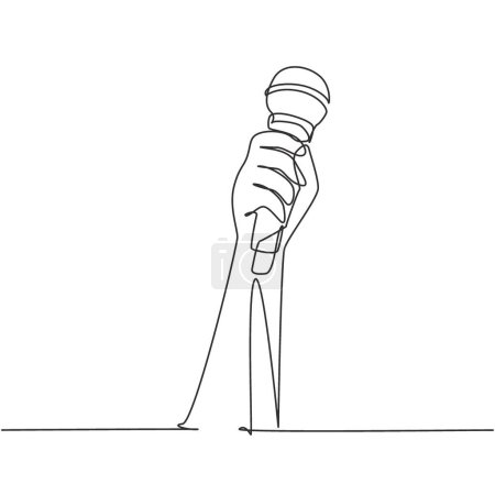 Téléchargez les illustrations : Dessin continu d'une ligne main femelle tenant microphone isolé sur fond blanc, chemin de coupe. Le karaoké chante la chanson au micro. Illustration graphique vectorielle de dessin à une ligne - en licence libre de droit