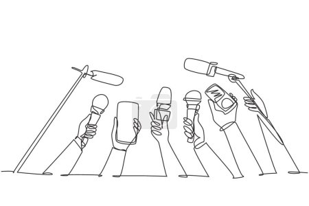 Mano de dibujo continuo de una línea con micrófono. Concepto de periodismo. Juego de manos sosteniendo micrófonos. Presione las manos planas. Micrófono. Periodista. Ilustración vectorial de diseño de línea única