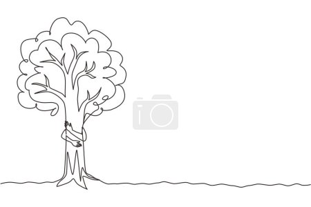 Illustration for Single one line drawing man hugging tree in park. Symbol of loving plants and the environment. Agriculture. Earth day, ecology concept. Modern continuous line draw design graphic vector illustration - Royalty Free Image