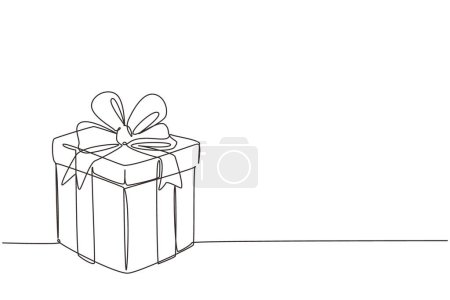 Téléchargez les illustrations : Boîte-cadeau à dessin continu à une ligne avec ruban. Boîte blanche enveloppée de ruban sur fond blanc. Cadeau décoratif ou boîte en carton avec arc. Illustration graphique vectorielle de dessin à une ligne - en licence libre de droit