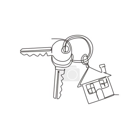 Porte-clés simple dessin en ligne continue avec porte-clés, deux clés et un médaillon pendentif maison. Porte-clés avec maison avec icône vectorielle médaillon. Illustration vectorielle de dessin graphique dynamique à une ligne