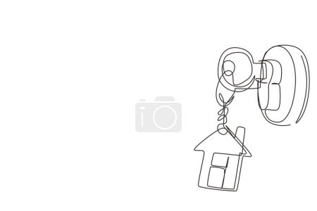 Single continuous line drawing close up key on door, personal loan concept. Keys in door lock. Mortgage, credit or property concept. Sale and rent of apartments. One line draw graphic design vector