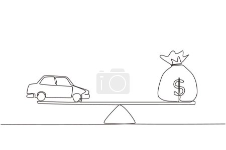 Illustration for Continuous one line drawing car, auto loan or transforming assets into cash concept. Car model, US dollar notes in jute bag on simple balance scale. Single line draw design vector graphic illustration - Royalty Free Image