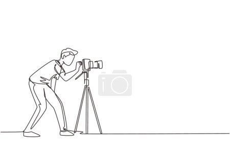 Ilustración de Fotografo continuo de una línea de dibujo súper equipo, Hombre sosteniendo, apuntando cámaras con trípode de pie, Llevando accesorios para fotografiar. Ilustración gráfica vectorial de diseño de línea única - Imagen libre de derechos
