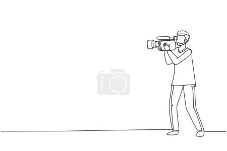 Illustration for Continuous one line drawing professional camera operator holding big camera on shoulder. Arabian cameraman, reporter shooting TV content. Videographer job. Single line draw design vector illustration - Royalty Free Image