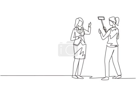 Illustration for Continuous one line drawing professional shooting team record video interview for public blog vlog with smartphone and monopod stick. Woman journalist as news anchor. Single line draw design vector - Royalty Free Image