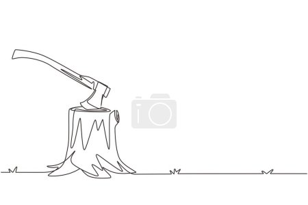 Single continuous line drawing Hatchet in a tree stump. A tree stump with an axe stuck. Forest, camping concept. Axe in stuck at stump. Dynamic one line draw graphic design vector illustration
