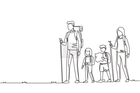 Ilustración de Una familia de dibujo de línea continua va de camping. Padres jóvenes y sus hijos, senderismo de niños y niñas, con mochilas, mapas, esteras, brújula. Familia, concepto de ocio. Una línea dibujar vector de diseño - Imagen libre de derechos