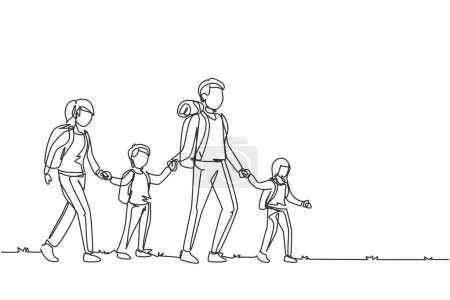 Eine einzige Linie zeichnet eine glückliche Familie, die zusammen in den Bergen unterwegs ist. Vater, Mutter und Kinder wandern, urlauben und zelten mit dem Rucksack in der Natur. Durchgehende Linienzeichnung Design Vektor Illustration