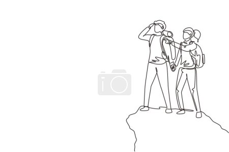 Ilustración de Una sola línea continua de dibujo pareja hombre mujer excursionista en la cima de la montaña mirando a la distancia. Aventura en terreno montañoso. Exploración, senderismo, aventura, viaje. Una línea dibujar vector de diseño - Imagen libre de derechos