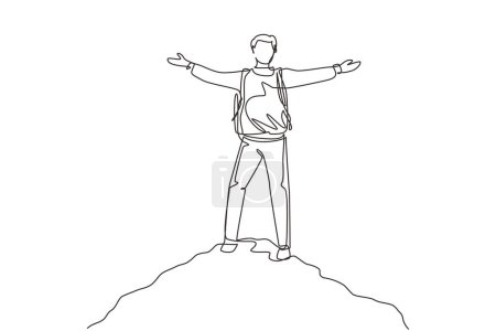 Téléchargez les illustrations : Un seul dessin d'une ligne réussi grimpeur homme se tient avec les bras tendus sur le sommet des montagnes. Homme leva les mains dans la joie. Réussir. Guy power. Vecteur de dessin de ligne continue - en licence libre de droit