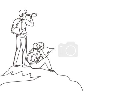 Illustration for Continuous one line drawing couple hikers man woman with backpacks, binocular, and hiking gear reading route map. Looking for direction, checking location. Single line draw design vector illustration - Royalty Free Image