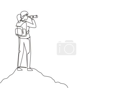Single one line drawing girl trekking on mountain. Young woman traveling in mountains, standing on top, looking in binoculars. Tourist outdoor scene. Continuous line draw design vector illustration